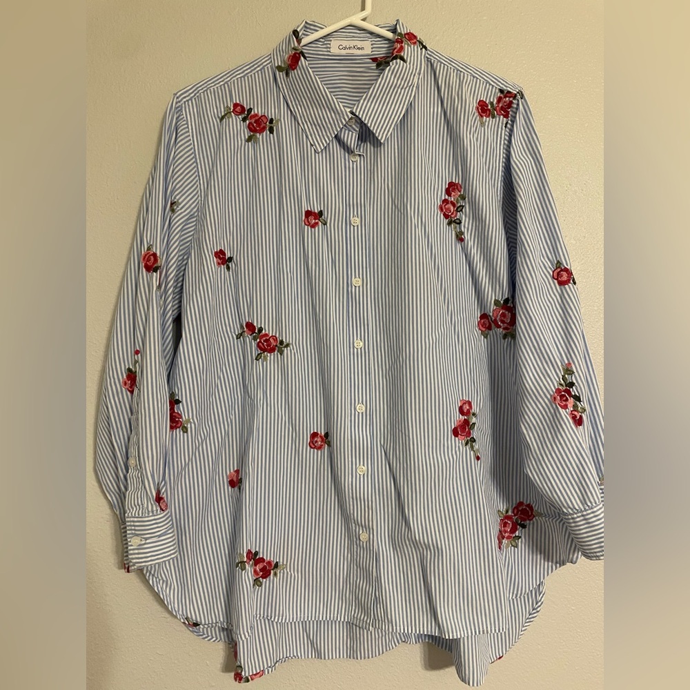 Calvin Klein Plus Size Women Blue and White Striped Shirt with Red Floral Detail